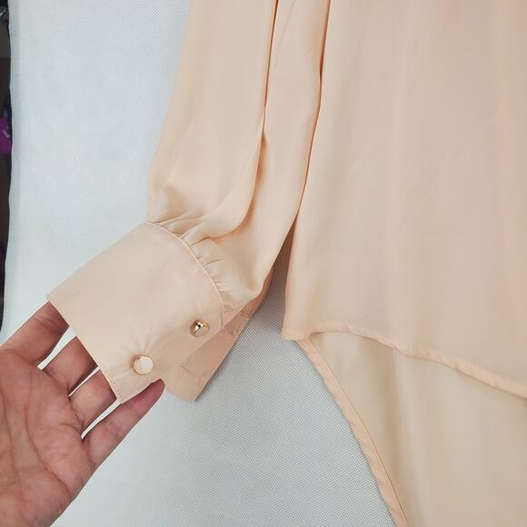 Y2K Fairy Grunge Silky Tunic Blouse M Peach w/ Black Floral Lace Sheer Open Back - Picture 13 of 14